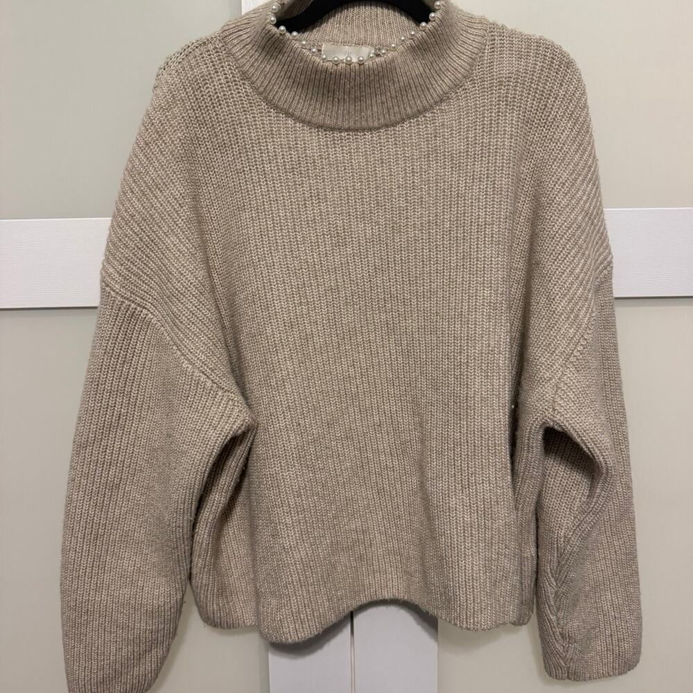 H&M Faux Pearl Mock Neck Ribbed Knit Sweater XL